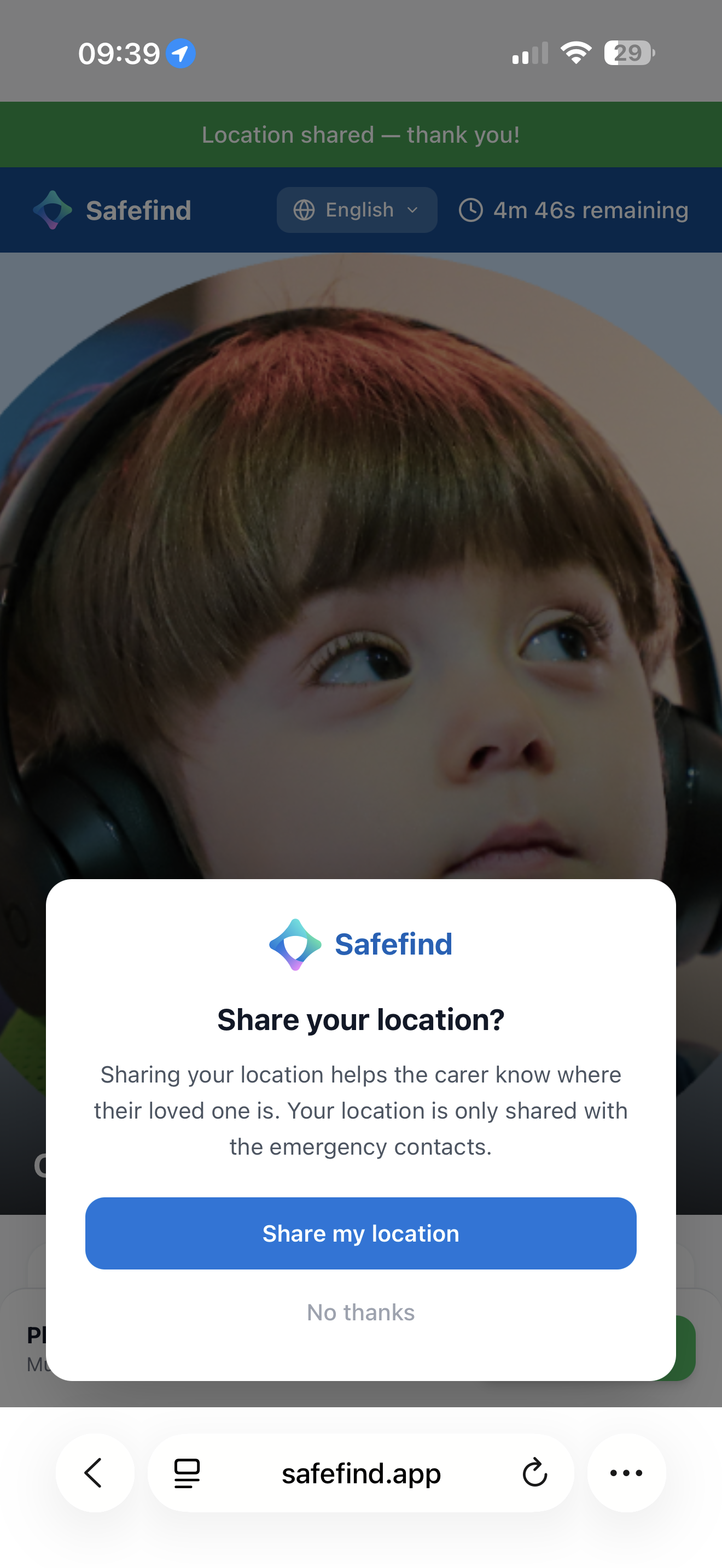 Safefind public profile location sharing prompt screenshot