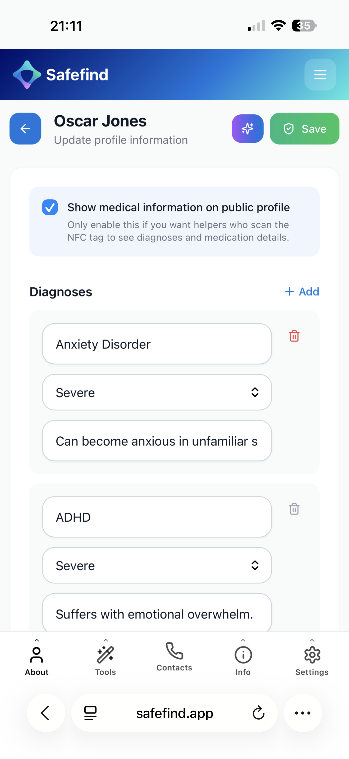 Safefind public medical information screenshot