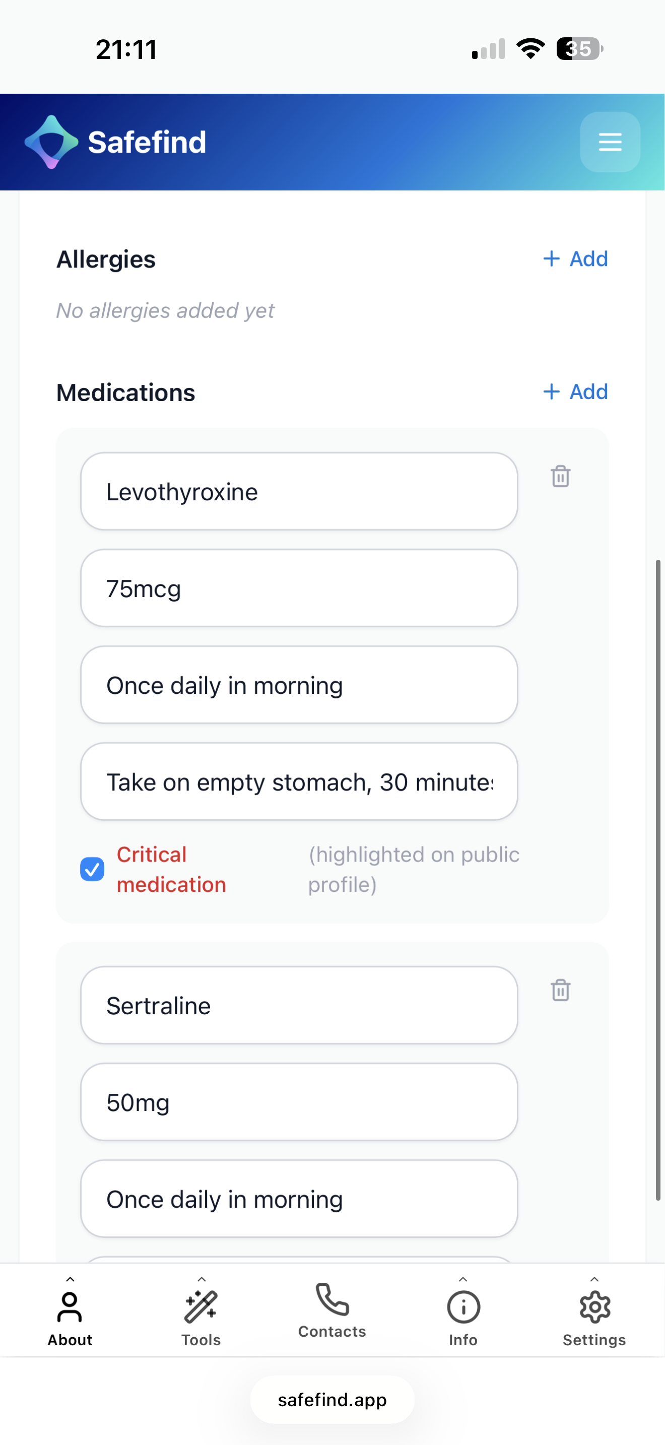 Safefind contacts editor screenshot