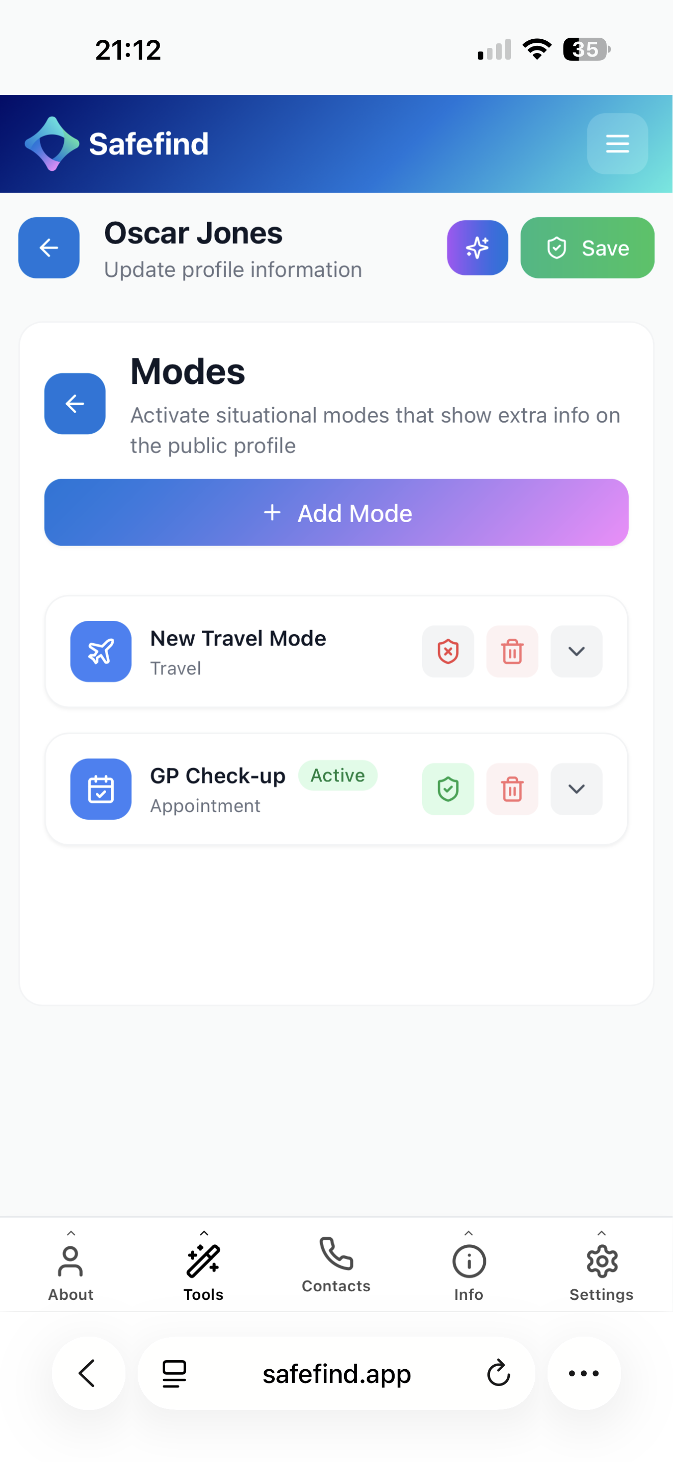 Safefind modes and visibility screenshot