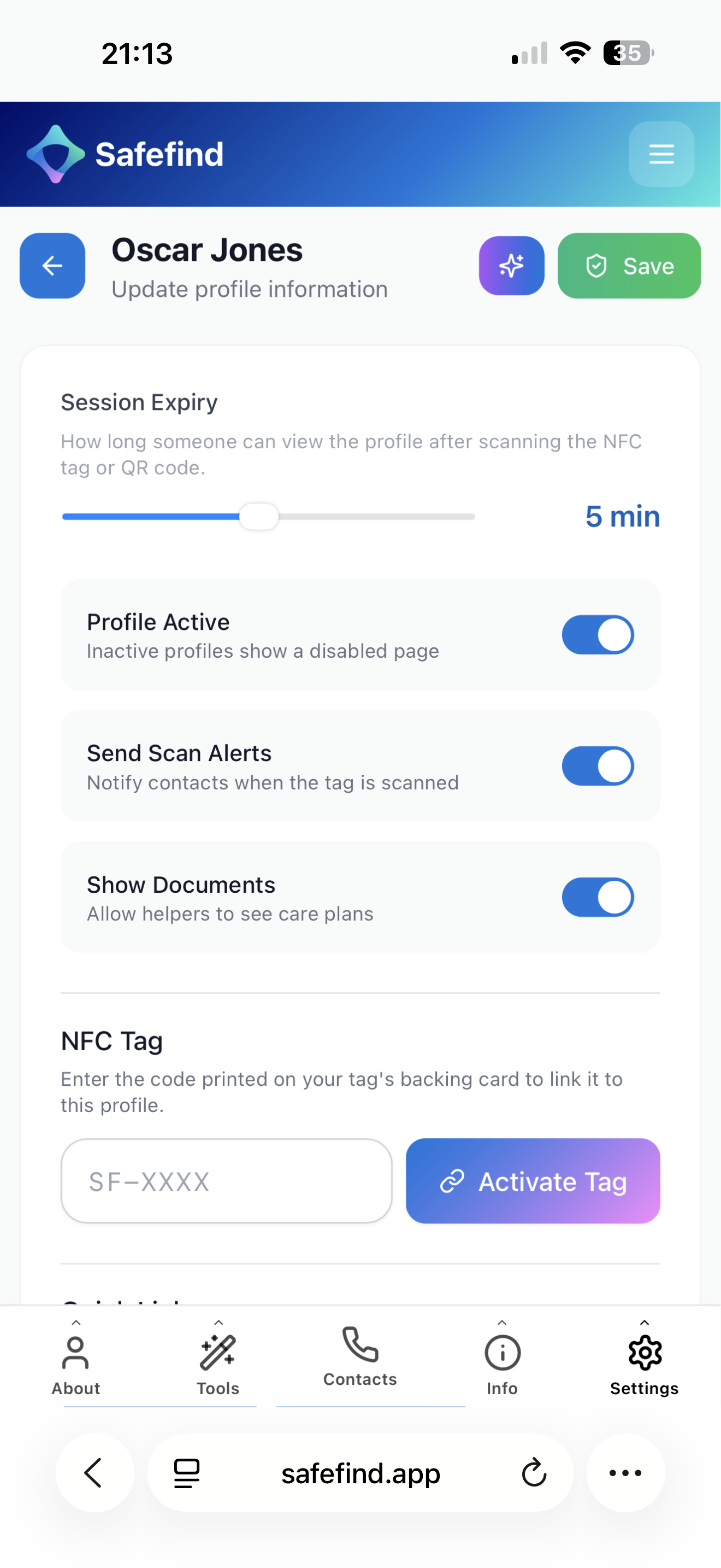 Safefind public profile screenshot
