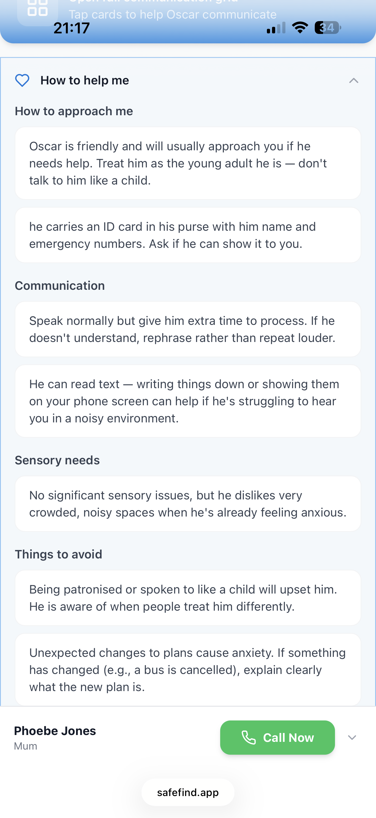 Safefind active mode card screenshot
