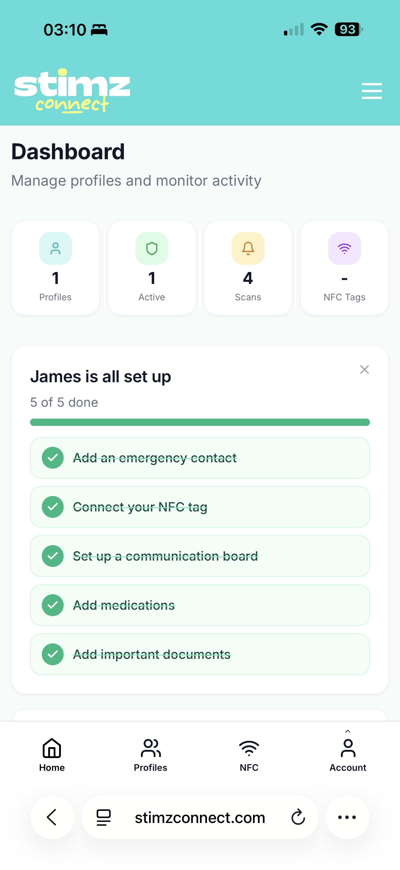 Admin dashboard - James is all set up, 5 of 5 done