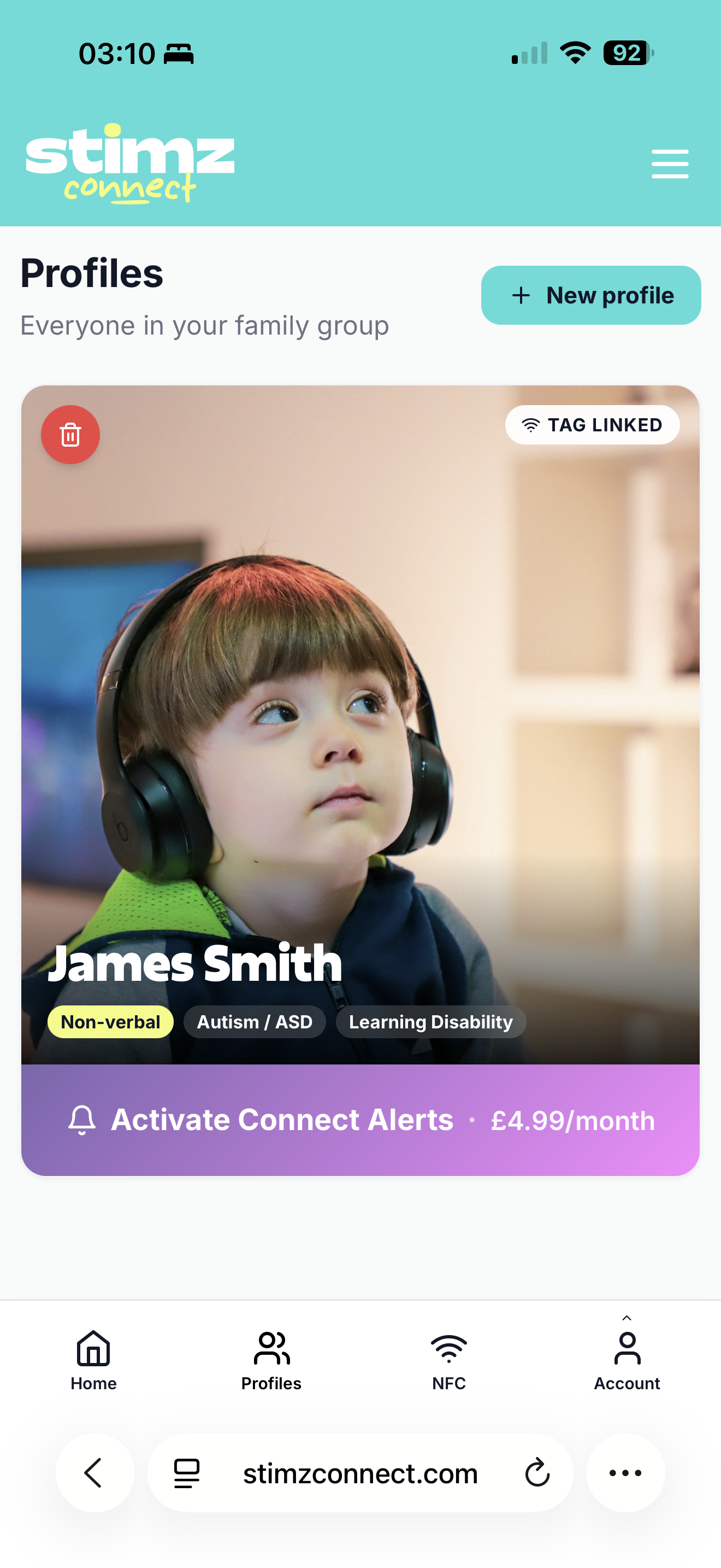 Profiles tab showing James card with TAG LINKED badge