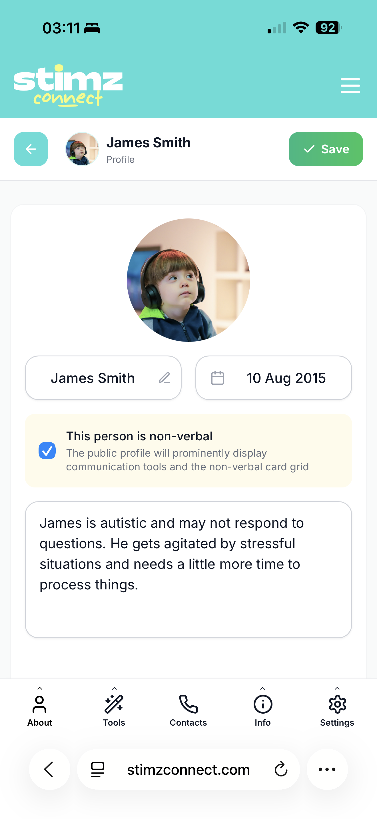Profile editor About tab - James Smith with photo and bio